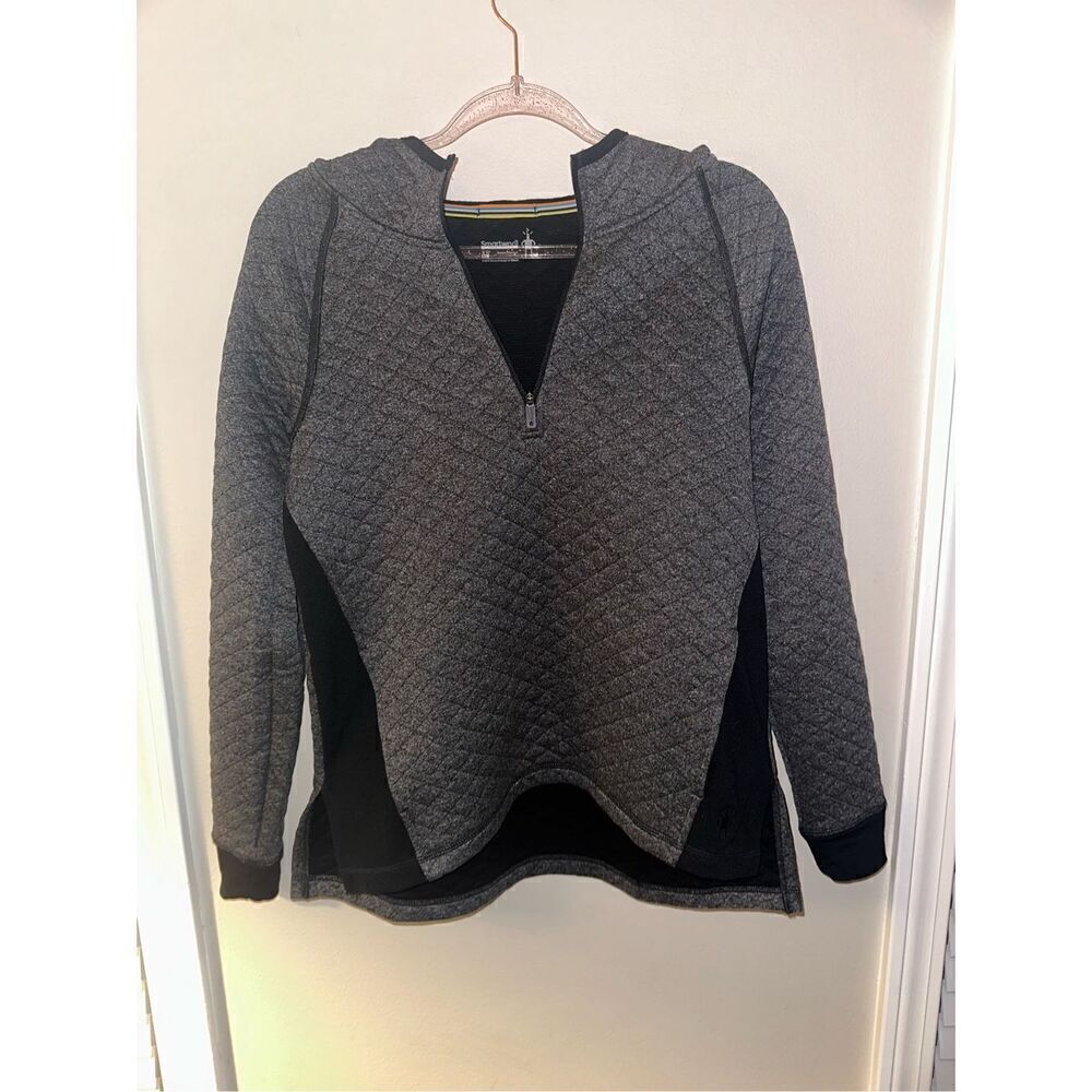 Smartwool Womens Pullover Hoodie Diamond Peak Quilted Gray Wool Blend 1/4 Zip Si